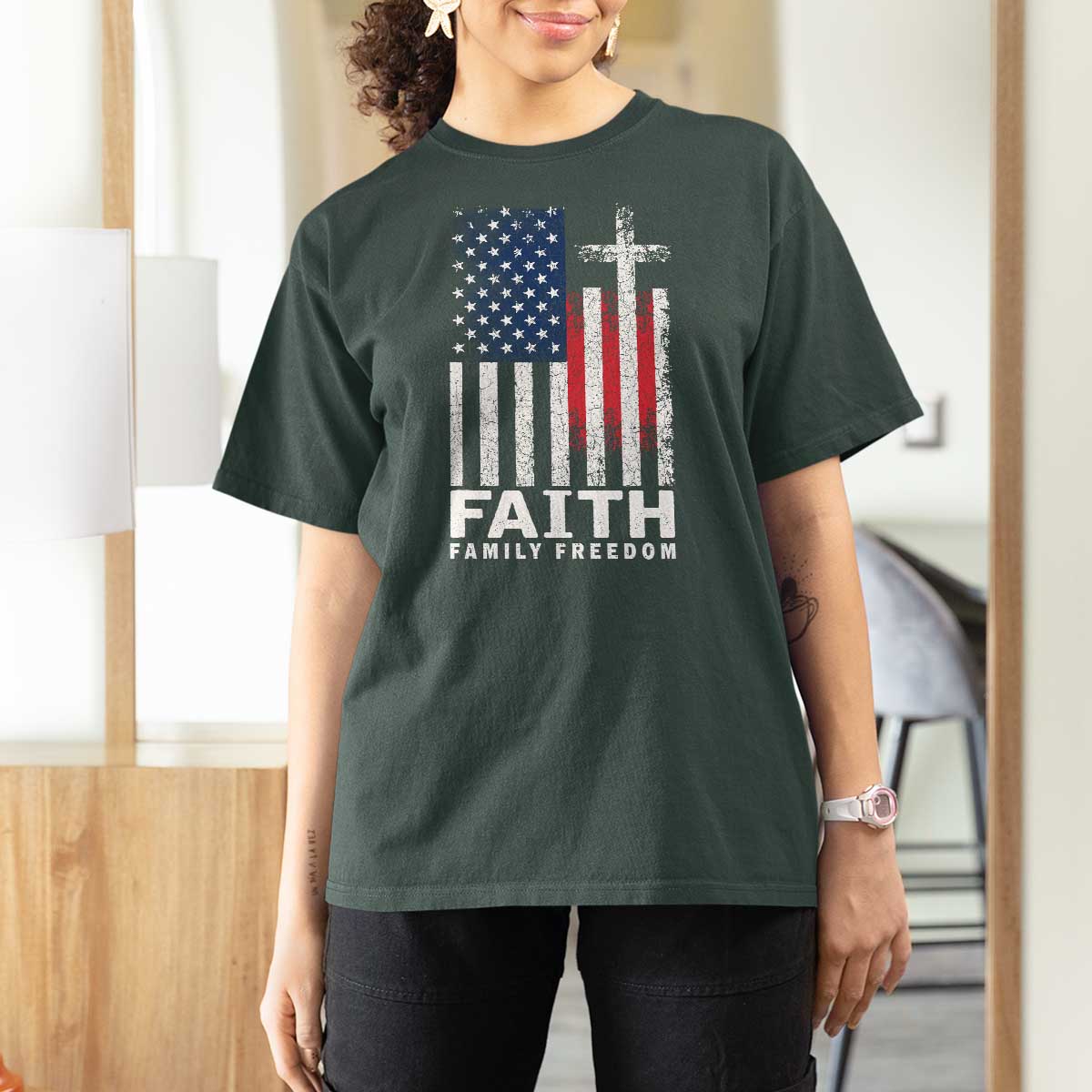 Faith Family Freedom T Shirt For Women Charlie Kirk Patriotic Christian Vintage USA Flag - Wonder Print Shop
