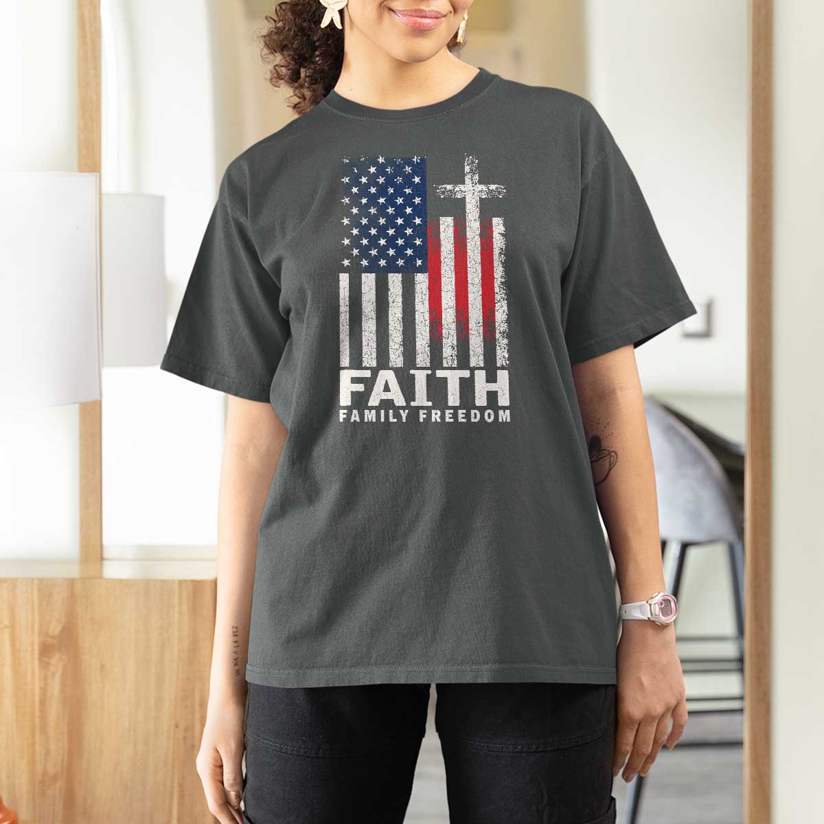 Faith Family Freedom T Shirt For Women Charlie Kirk Patriotic Christian Vintage USA Flag - Wonder Print Shop