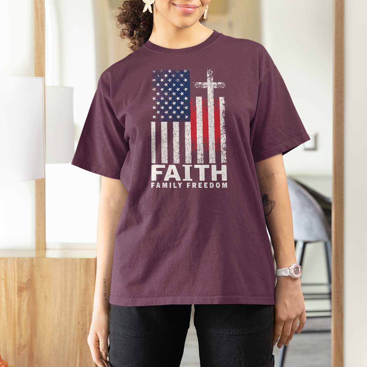 Faith Family Freedom T Shirt For Women Charlie Kirk Patriotic Christian Vintage USA Flag - Wonder Print Shop