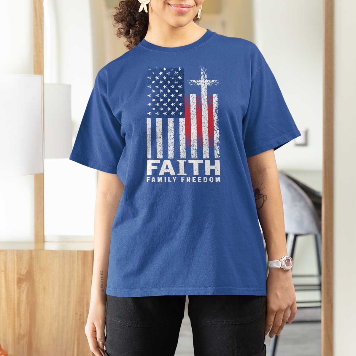 Faith Family Freedom T Shirt For Women Charlie Kirk Patriotic Christian Vintage USA Flag - Wonder Print Shop