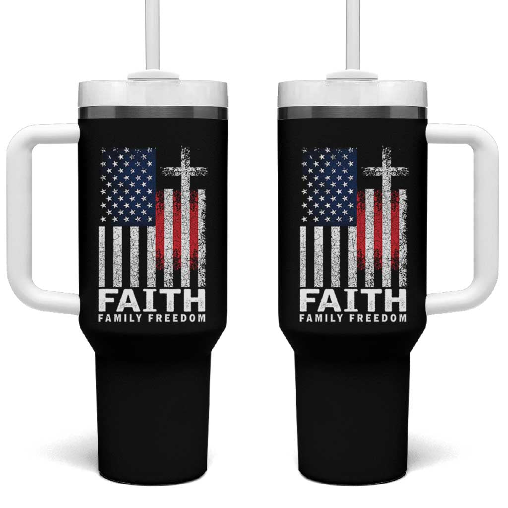 Faith Family Freedom Tumbler With Handle Charlie Kirk Patriotic Christian Vintage USA Flag - Wonder Print Shop