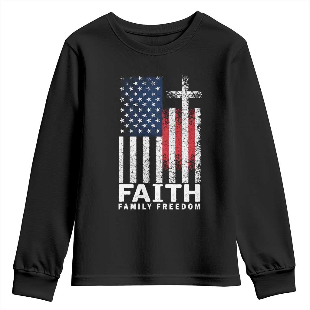 Faith Family Freedom Youth Sweatshirt Charlie Kirk Patriotic Christian Vintage USA Flag - Wonder Print Shop