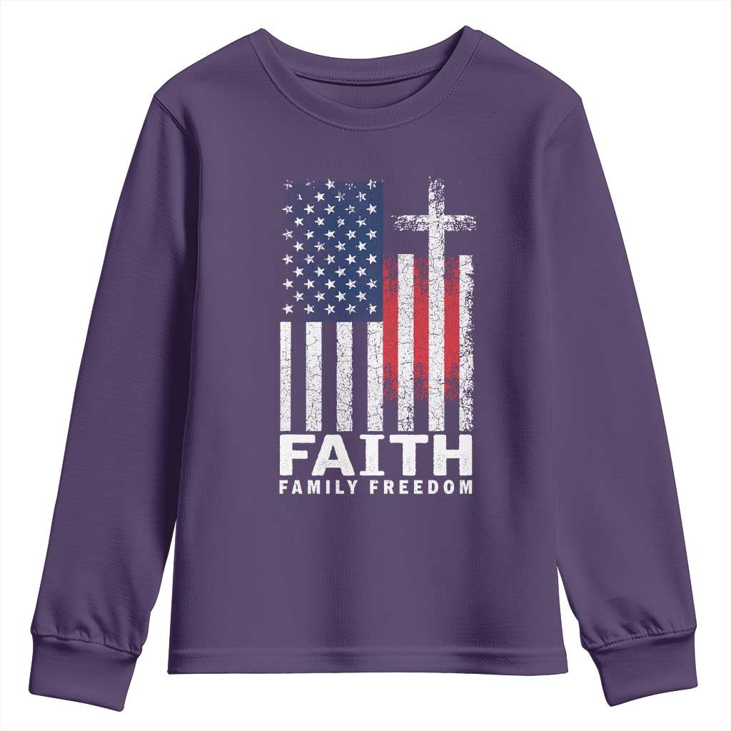 Faith Family Freedom Youth Sweatshirt Charlie Kirk Patriotic Christian Vintage USA Flag - Wonder Print Shop