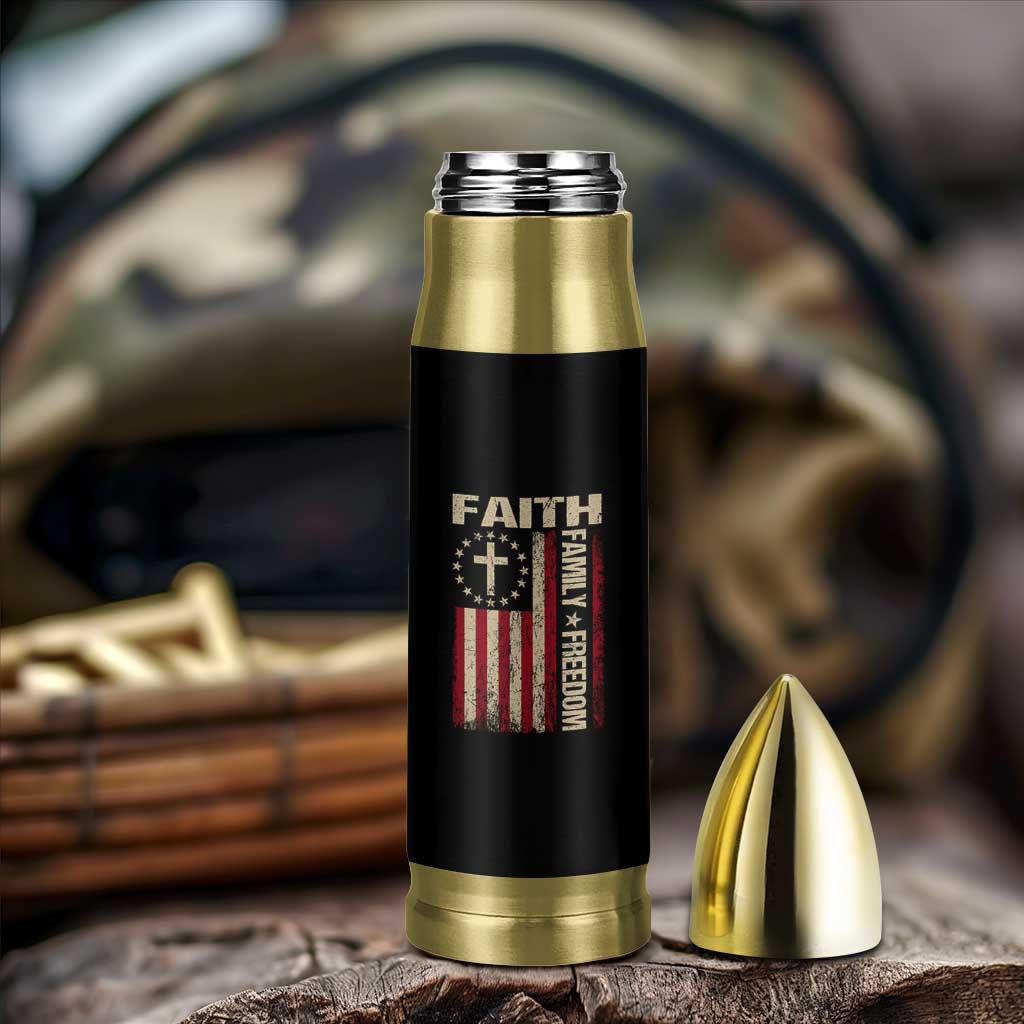 Faith Family Freedom Bullet Tumbler Patriotic Christian Vintage USA Flag - Wonder Print Shop