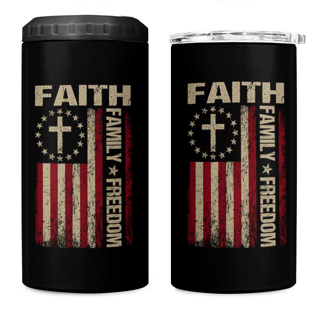 Faith Family Freedom 4 in 1 Can Cooler Tumbler Patriotic Christian Vintage USA Flag - Wonder Print Shop