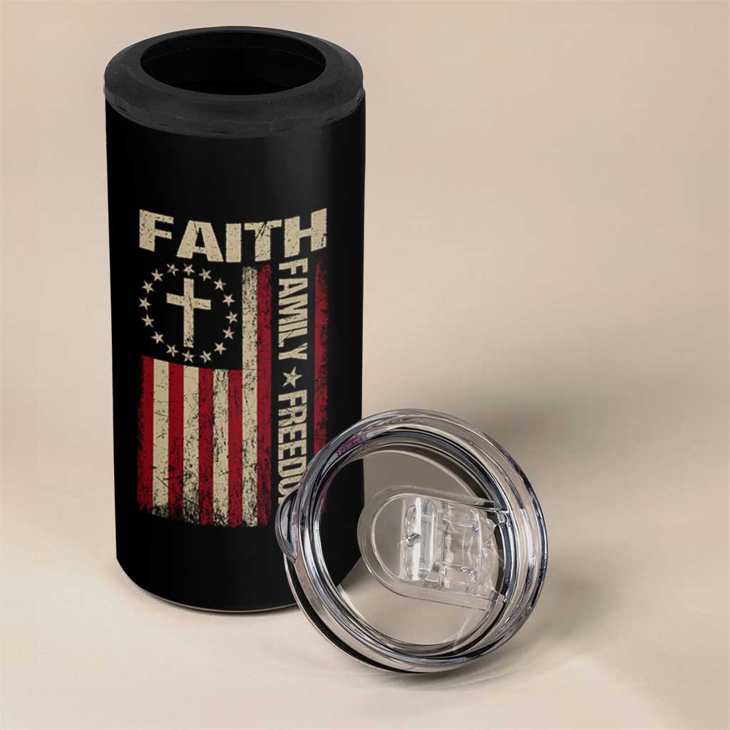 Faith Family Freedom 4 in 1 Can Cooler Tumbler Patriotic Christian Vintage USA Flag - Wonder Print Shop