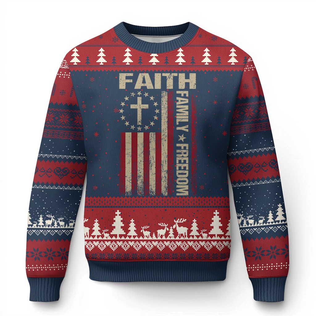 Faith Family Freedom Ugly Christmas Sweater Patriotic Christian Vintage USA Flag - Wonder Print Shop