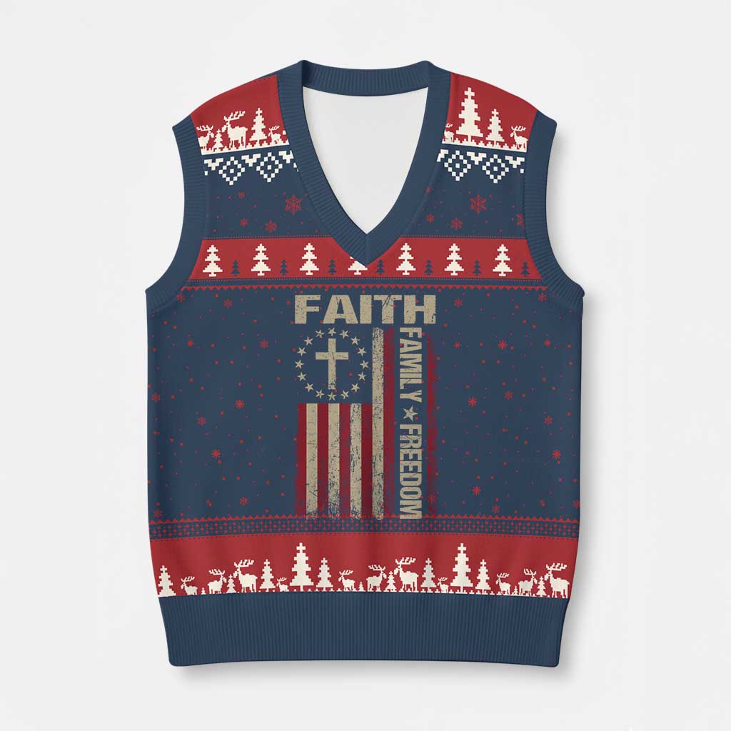 Faith Family Freedom V-Neck Knit Sweater Vest Patriotic Christian Vintage USA Flag - Wonder Print Shop