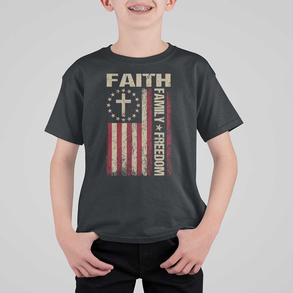 Faith Family Freedom T Shirt For Kid Patriotic Christian Vintage USA Flag - Wonder Print Shop