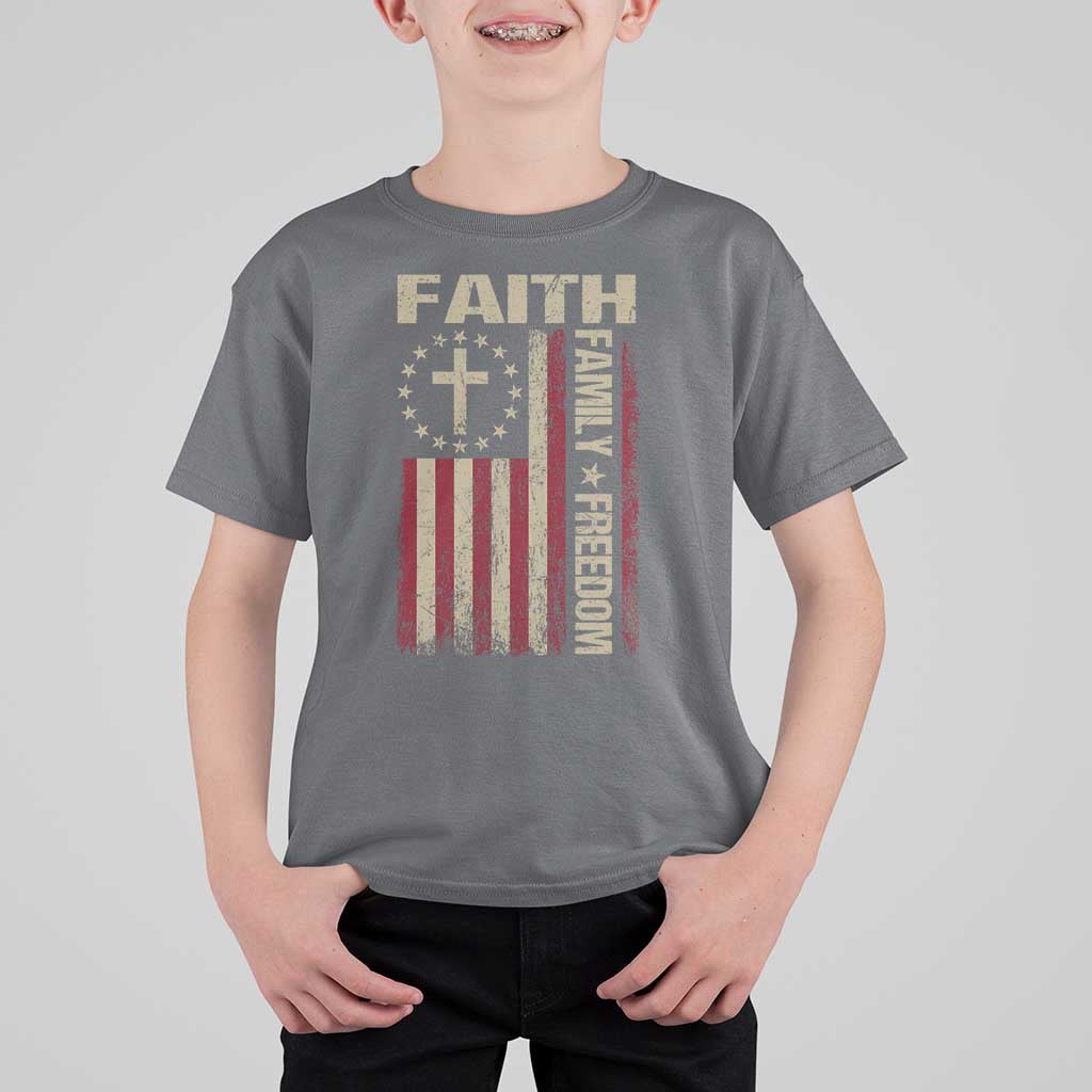 Faith Family Freedom T Shirt For Kid Patriotic Christian Vintage USA Flag - Wonder Print Shop