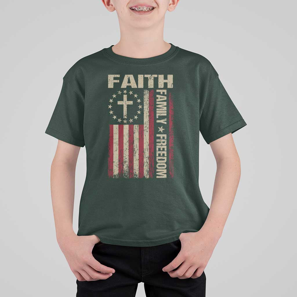 Faith Family Freedom T Shirt For Kid Patriotic Christian Vintage USA Flag - Wonder Print Shop