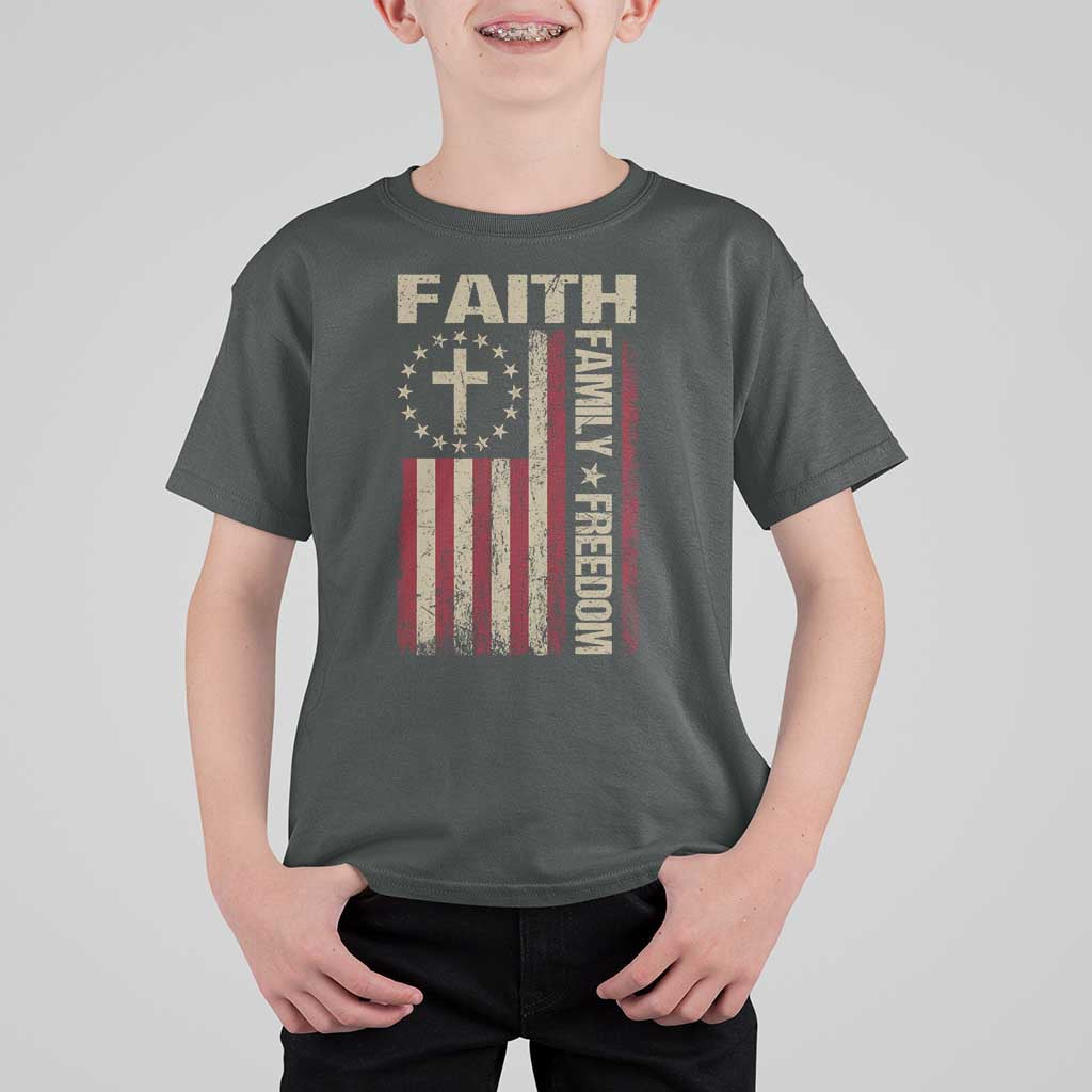 Faith Family Freedom T Shirt For Kid Patriotic Christian Vintage USA Flag - Wonder Print Shop