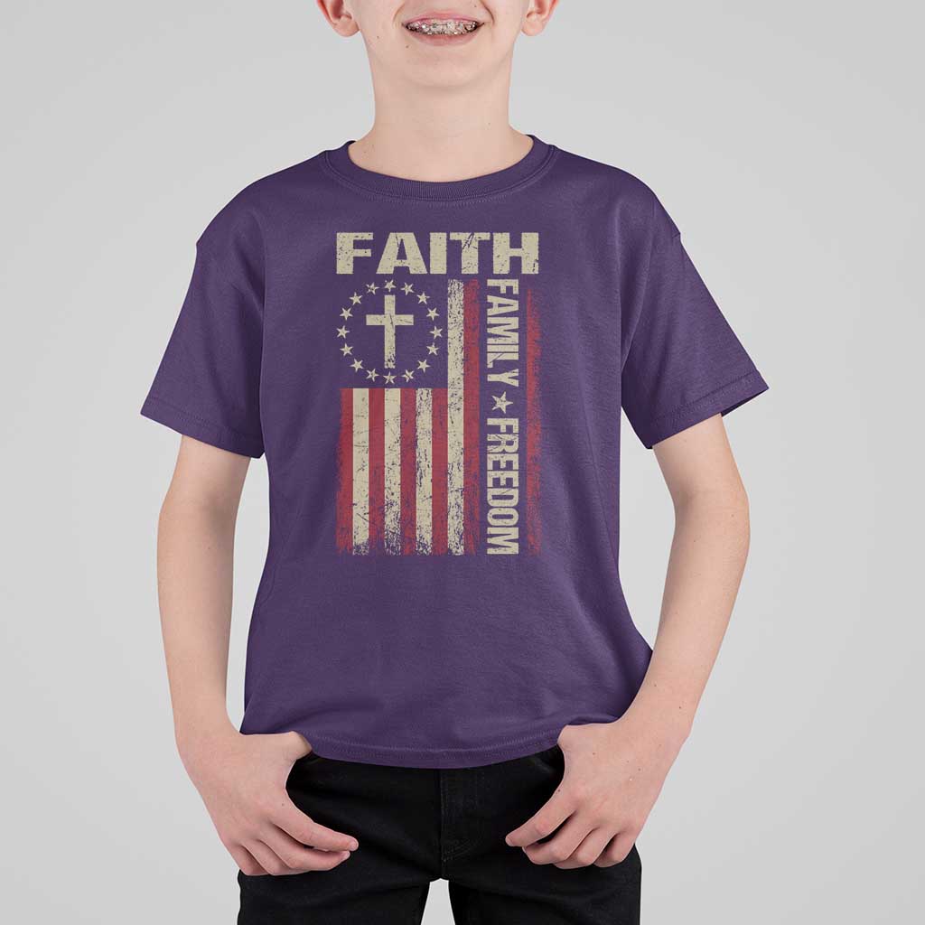 Faith Family Freedom T Shirt For Kid Patriotic Christian Vintage USA Flag - Wonder Print Shop