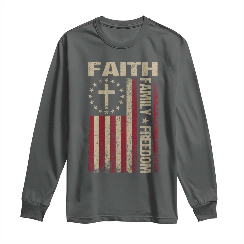 Faith Family Freedom Long Sleeve Shirt Patriotic Christian Vintage USA Flag - Wonder Print Shop