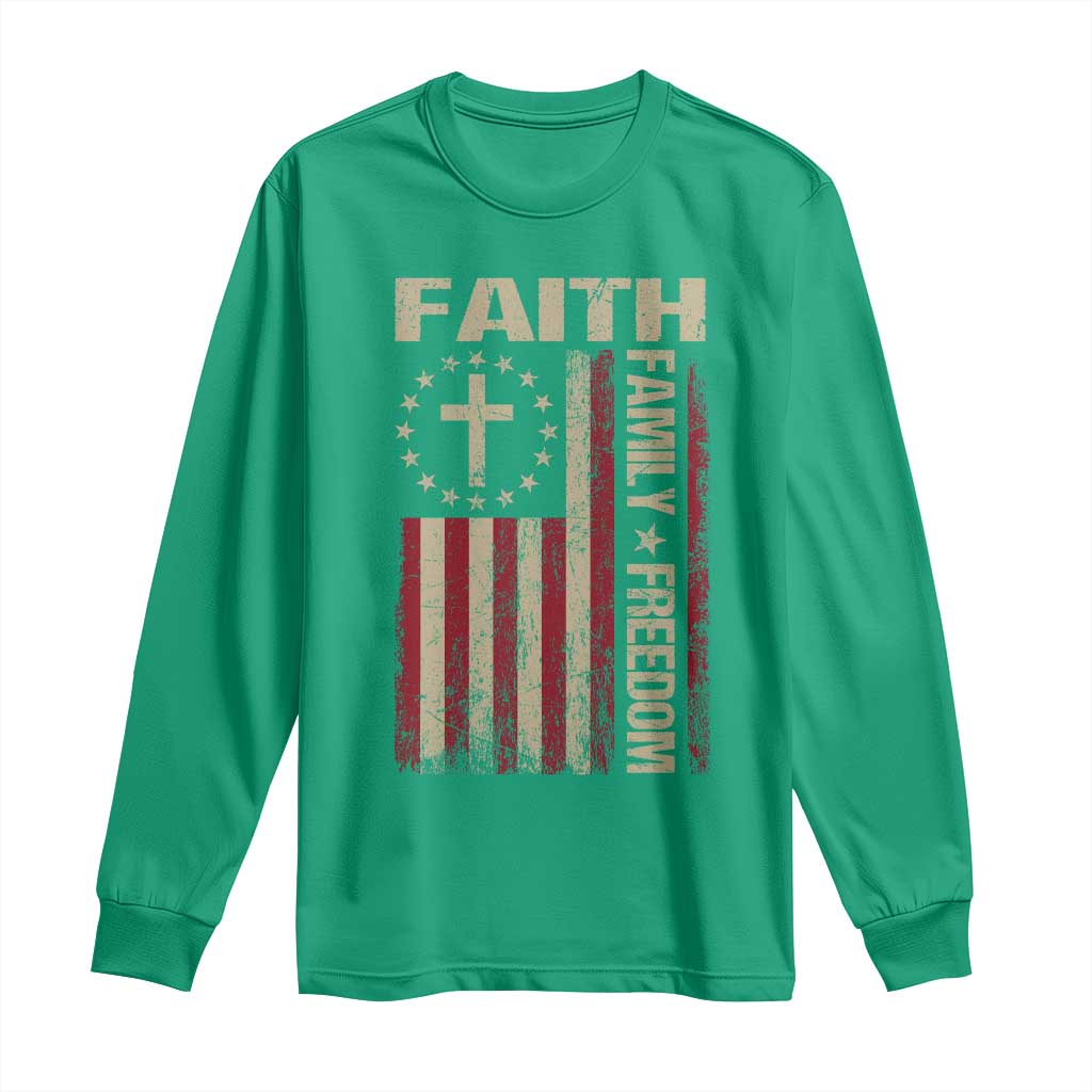 Faith Family Freedom Long Sleeve Shirt Patriotic Christian Vintage USA Flag - Wonder Print Shop