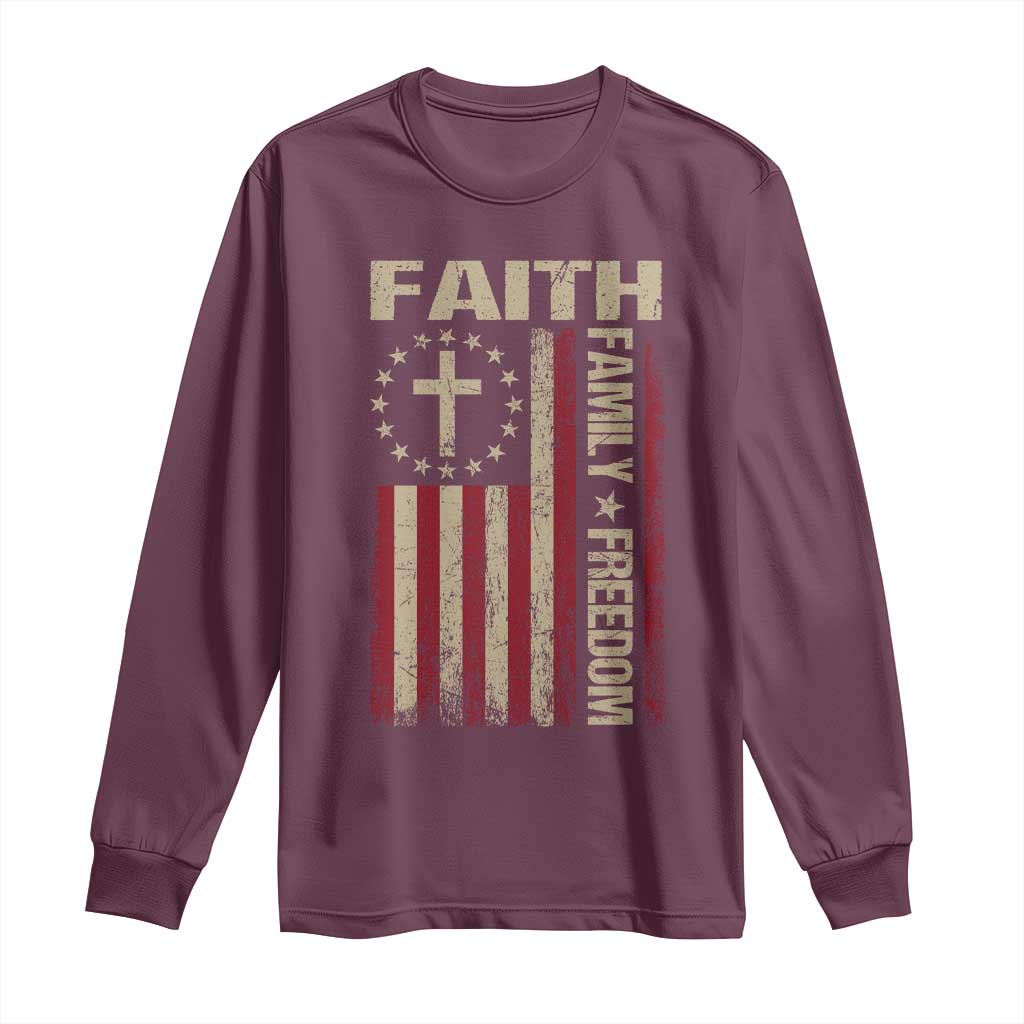 Faith Family Freedom Long Sleeve Shirt Patriotic Christian Vintage USA Flag - Wonder Print Shop