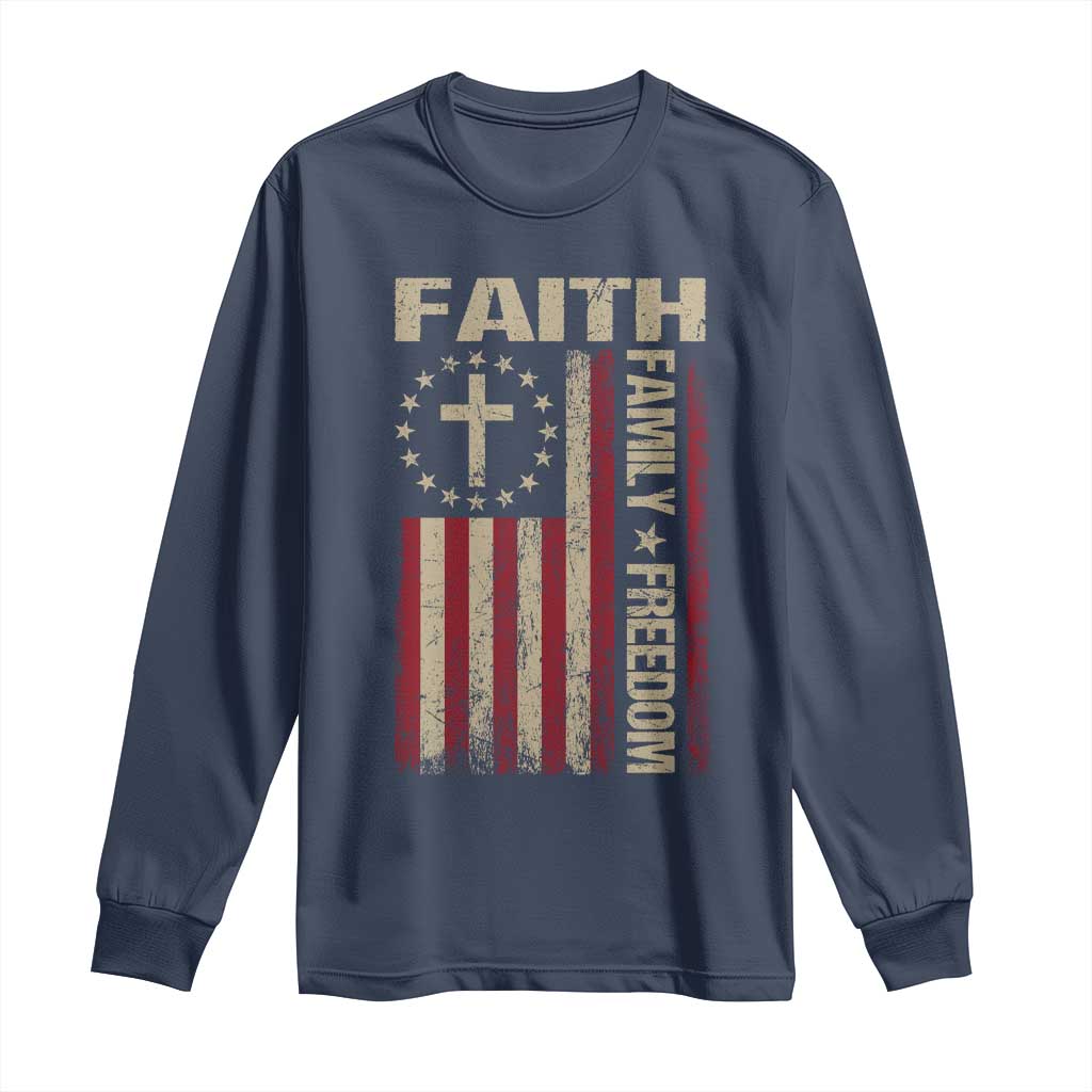 Faith Family Freedom Long Sleeve Shirt Patriotic Christian Vintage USA Flag - Wonder Print Shop