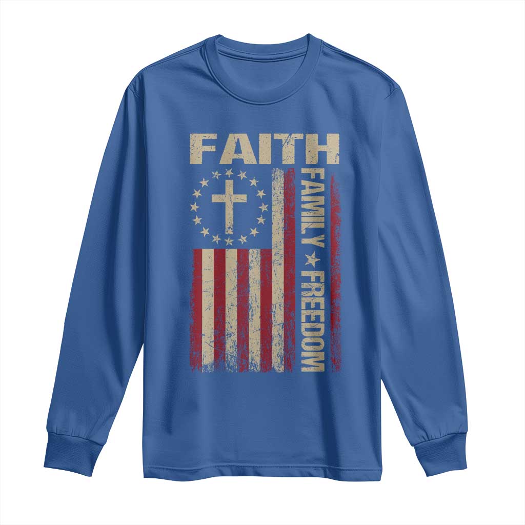 Faith Family Freedom Long Sleeve Shirt Patriotic Christian Vintage USA Flag - Wonder Print Shop