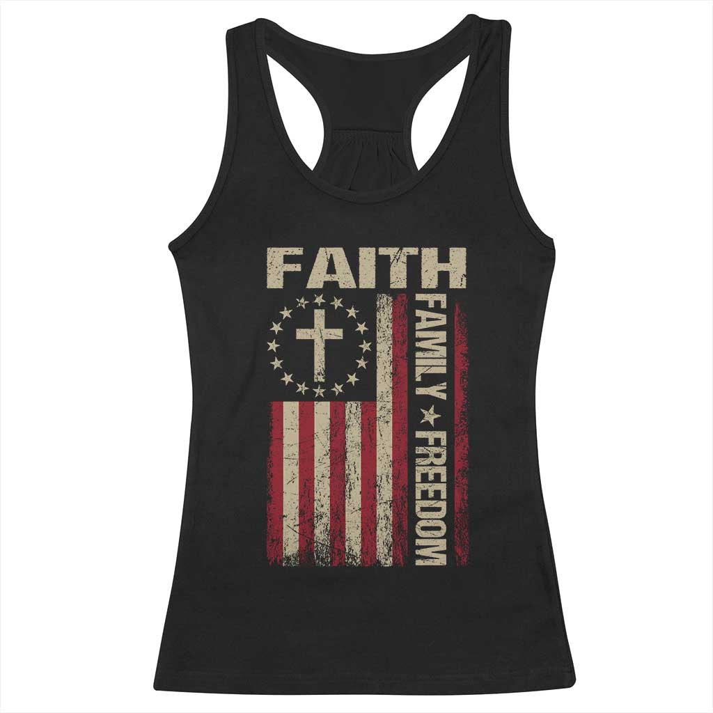 Faith Family Freedom Racerback Tank Top Patriotic Christian Vintage USA Flag - Wonder Print Shop