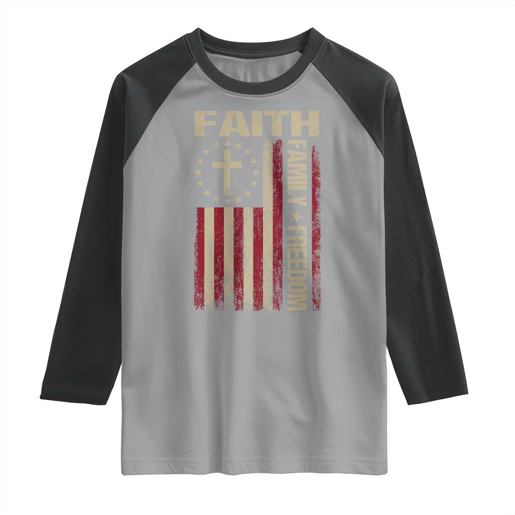 Faith Family Freedom Raglan Shirt Patriotic Christian Vintage USA Flag - Wonder Print Shop
