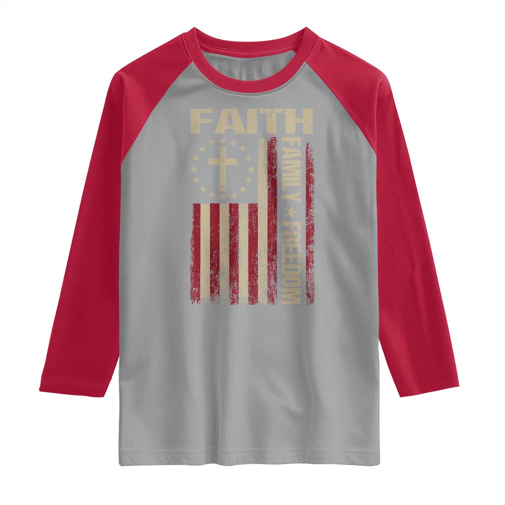 Faith Family Freedom Raglan Shirt Patriotic Christian Vintage USA Flag - Wonder Print Shop