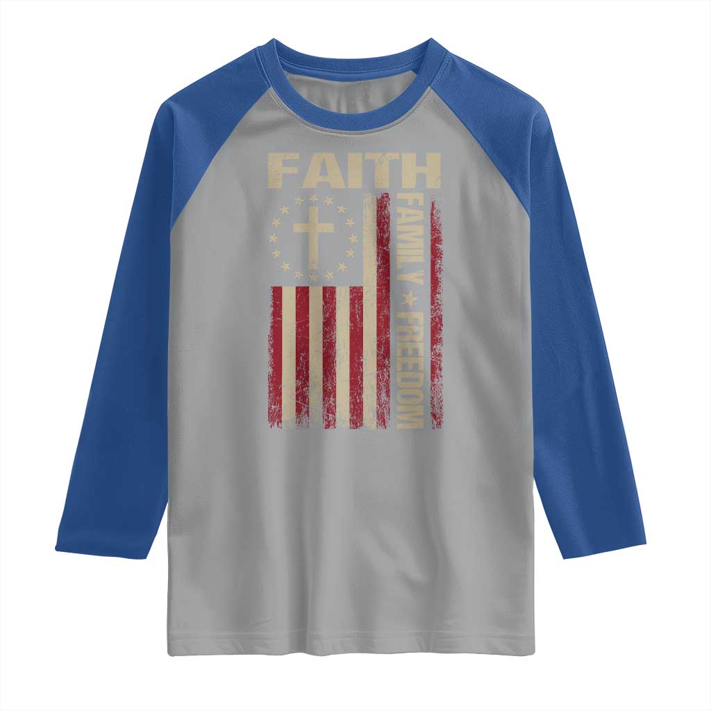Faith Family Freedom Raglan Shirt Patriotic Christian Vintage USA Flag - Wonder Print Shop