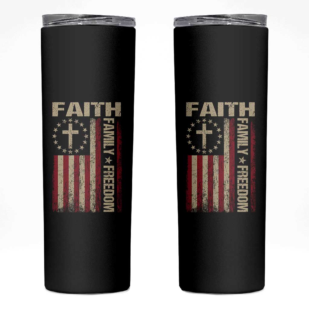 Faith Family Freedom Skinny Tumbler Patriotic Christian Vintage USA Flag - Wonder Print Shop