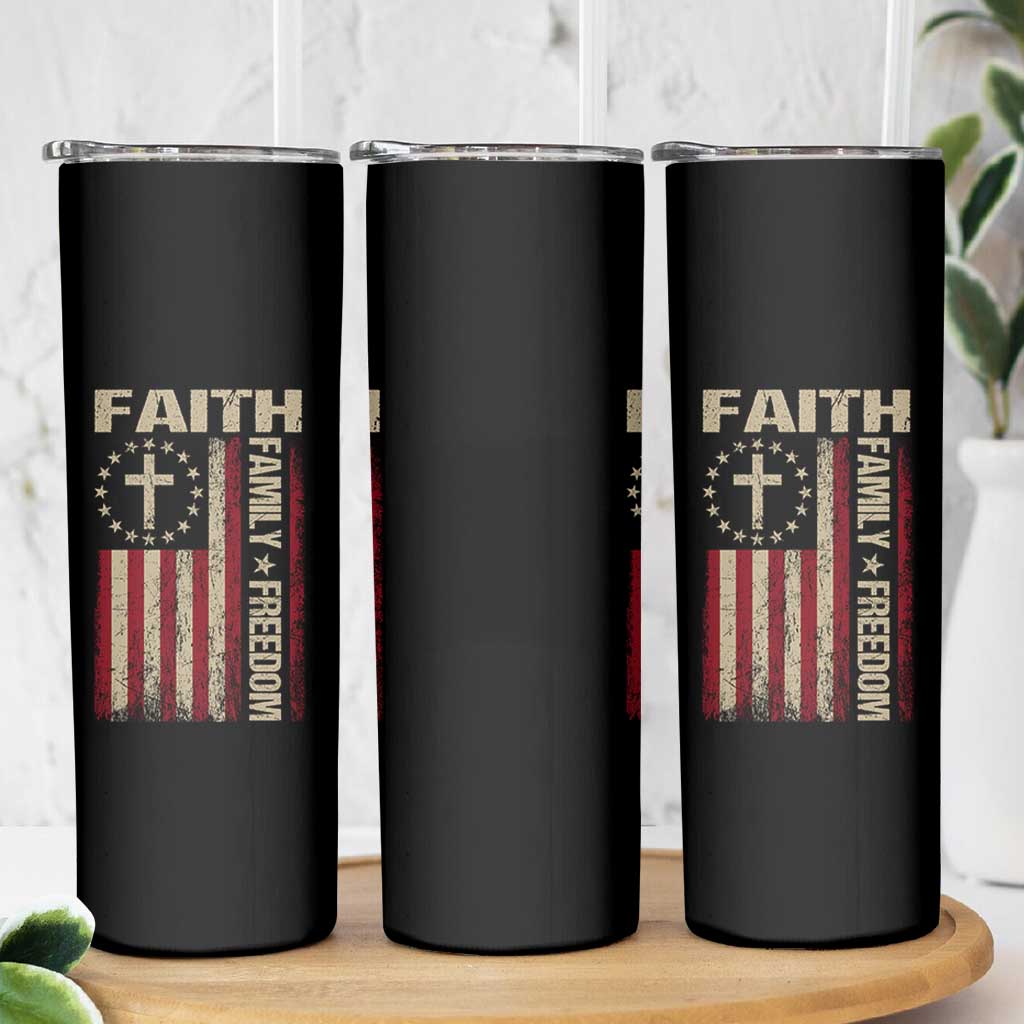 Faith Family Freedom Skinny Tumbler Patriotic Christian Vintage USA Flag - Wonder Print Shop