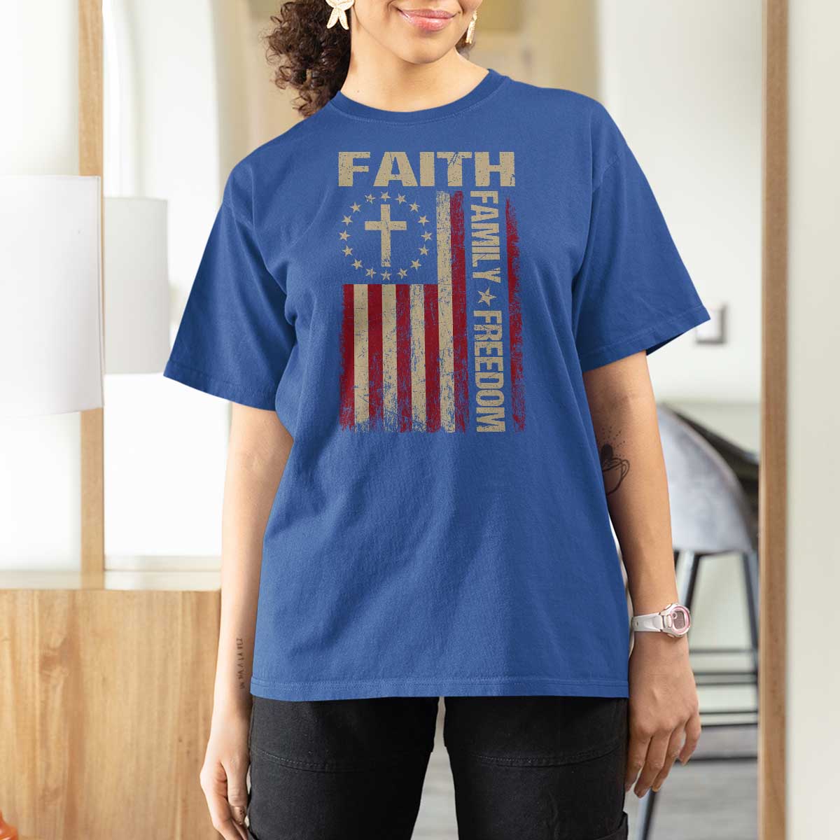 Faith Family Freedom T Shirt For Women Patriotic Christian Vintage USA Flag - Wonder Print Shop