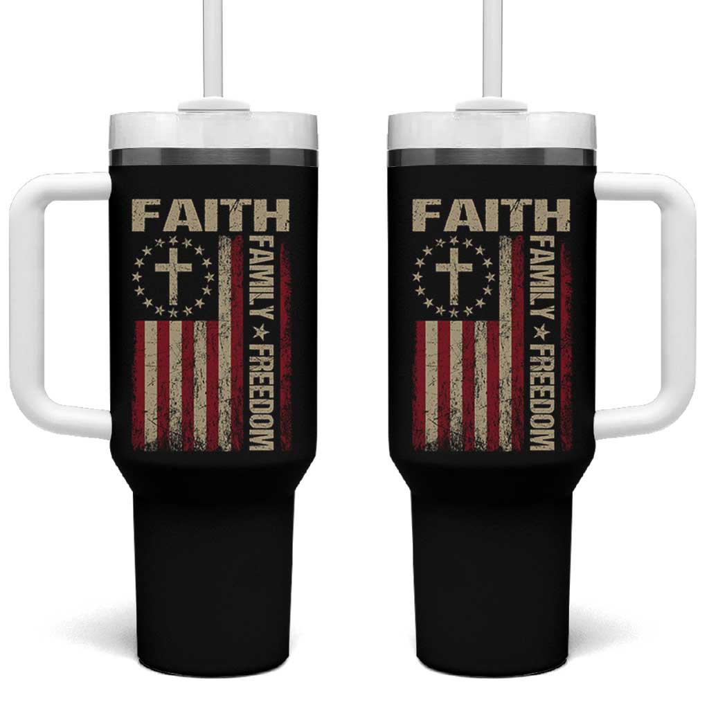 Faith Family Freedom Tumbler With Handle Patriotic Christian Vintage USA Flag - Wonder Print Shop
