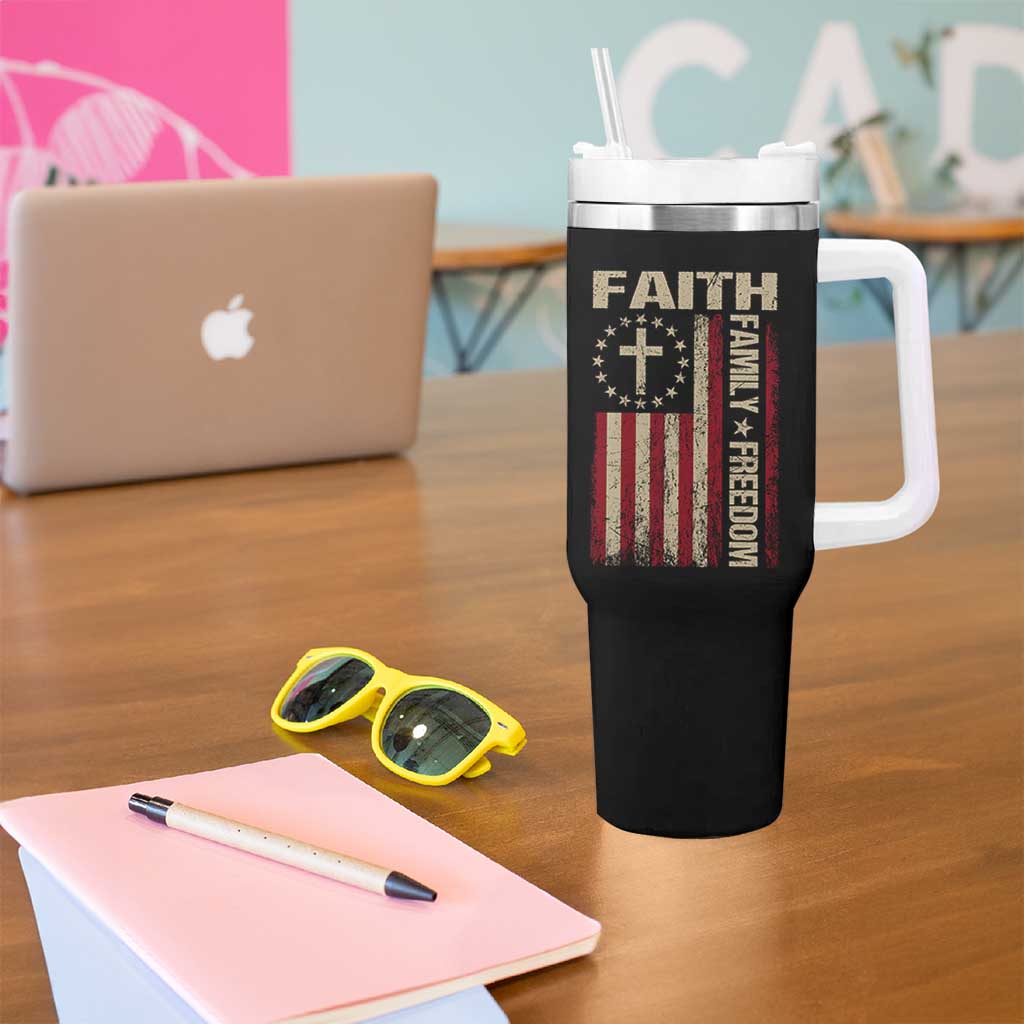 Faith Family Freedom Tumbler With Handle Patriotic Christian Vintage USA Flag - Wonder Print Shop