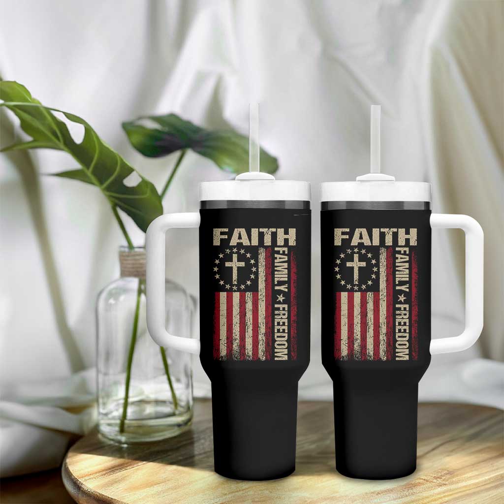 Faith Family Freedom Tumbler With Handle Patriotic Christian Vintage USA Flag - Wonder Print Shop