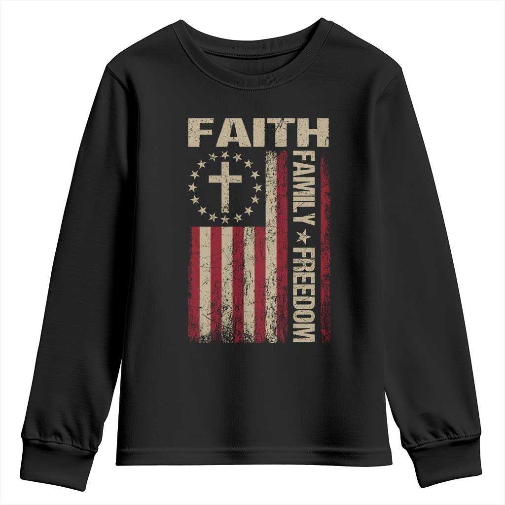 Faith Family Freedom Youth Sweatshirt Patriotic Christian Vintage USA Flag - Wonder Print Shop