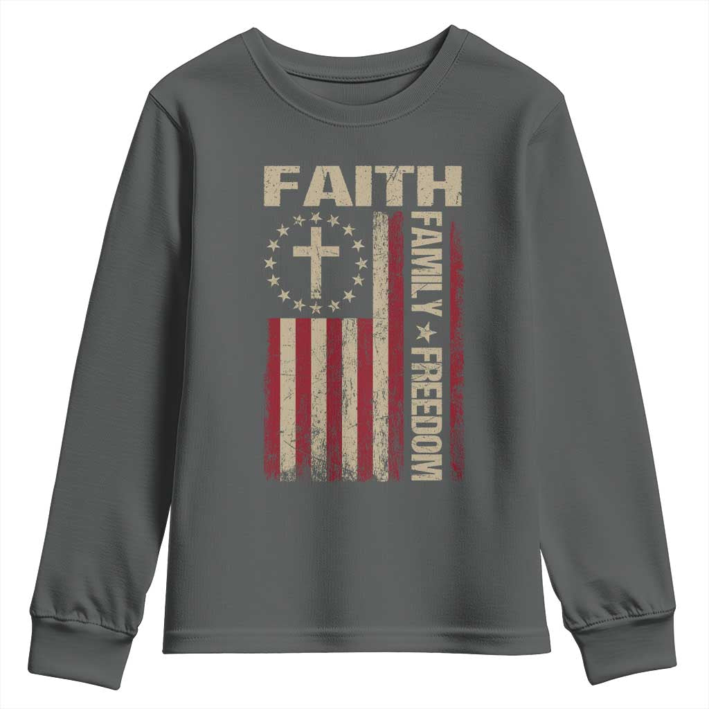 Faith Family Freedom Youth Sweatshirt Patriotic Christian Vintage USA Flag - Wonder Print Shop