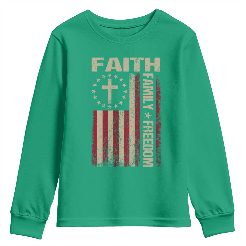 Faith Family Freedom Youth Sweatshirt Patriotic Christian Vintage USA Flag - Wonder Print Shop