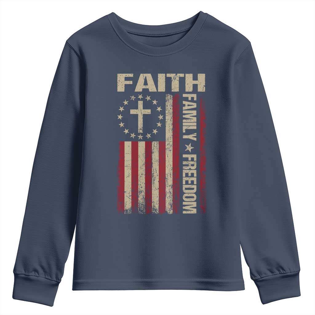 Faith Family Freedom Youth Sweatshirt Patriotic Christian Vintage USA Flag - Wonder Print Shop