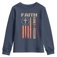 Faith Family Freedom Youth Sweatshirt Patriotic Christian Vintage USA Flag - Wonder Print Shop