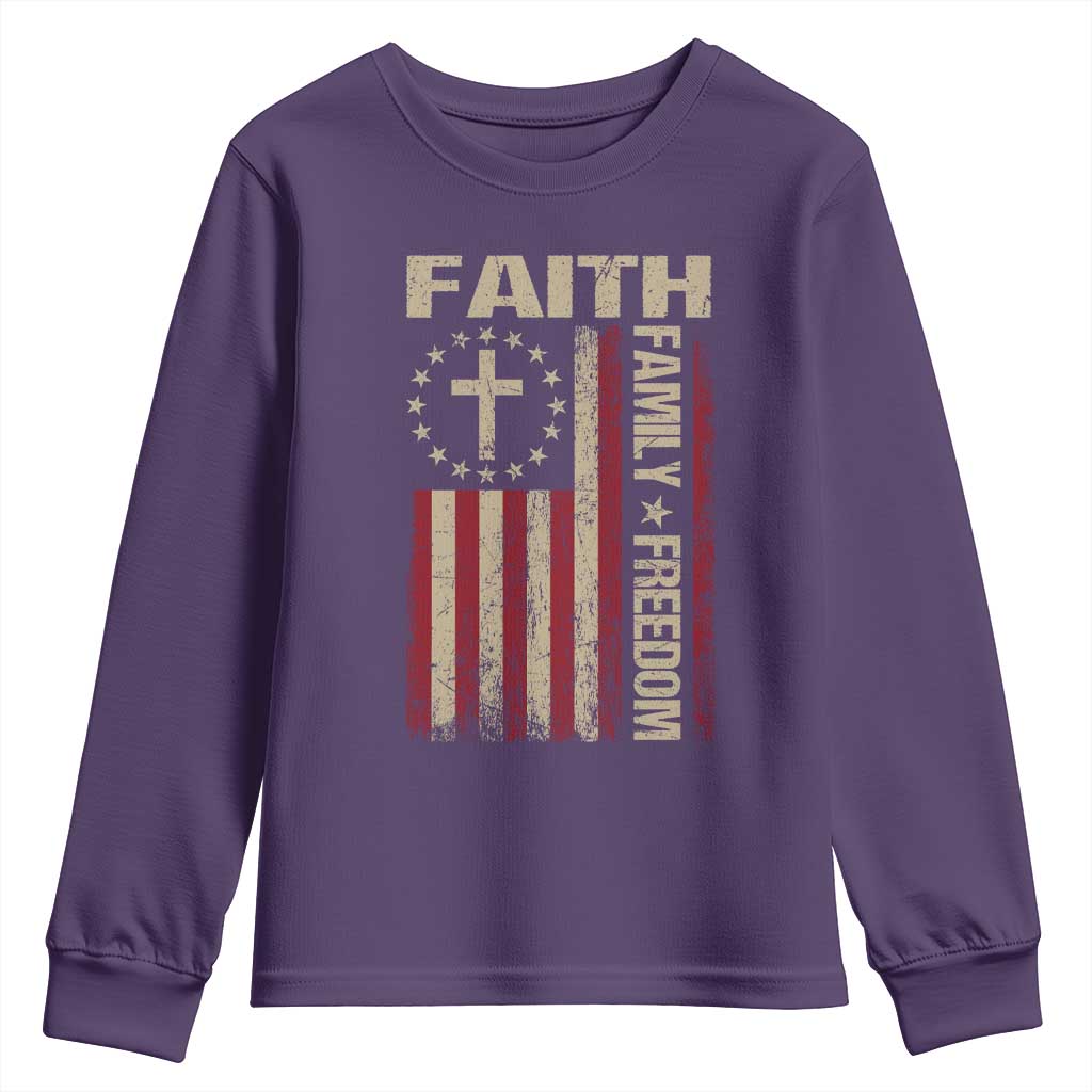 Faith Family Freedom Youth Sweatshirt Patriotic Christian Vintage USA Flag - Wonder Print Shop