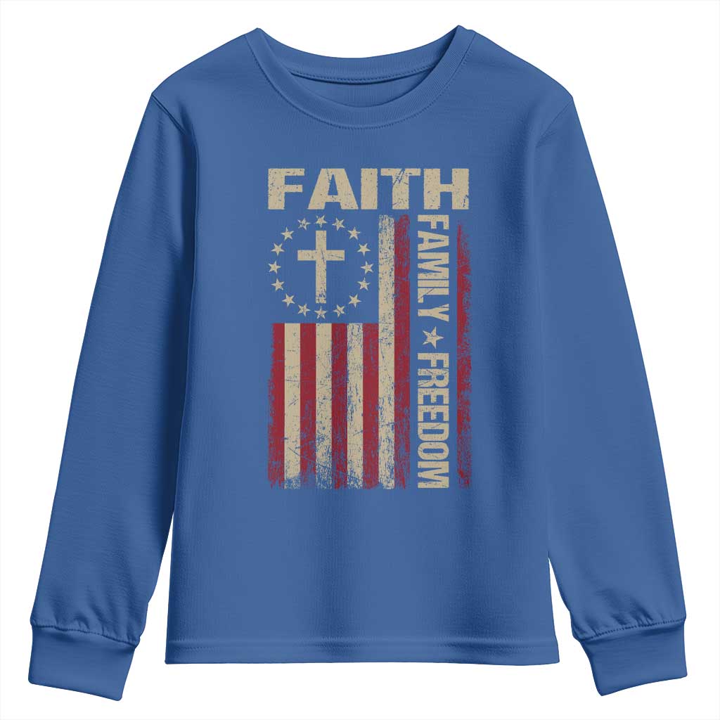 Faith Family Freedom Youth Sweatshirt Patriotic Christian Vintage USA Flag - Wonder Print Shop