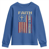 Faith Family Freedom Youth Sweatshirt Patriotic Christian Vintage USA Flag - Wonder Print Shop