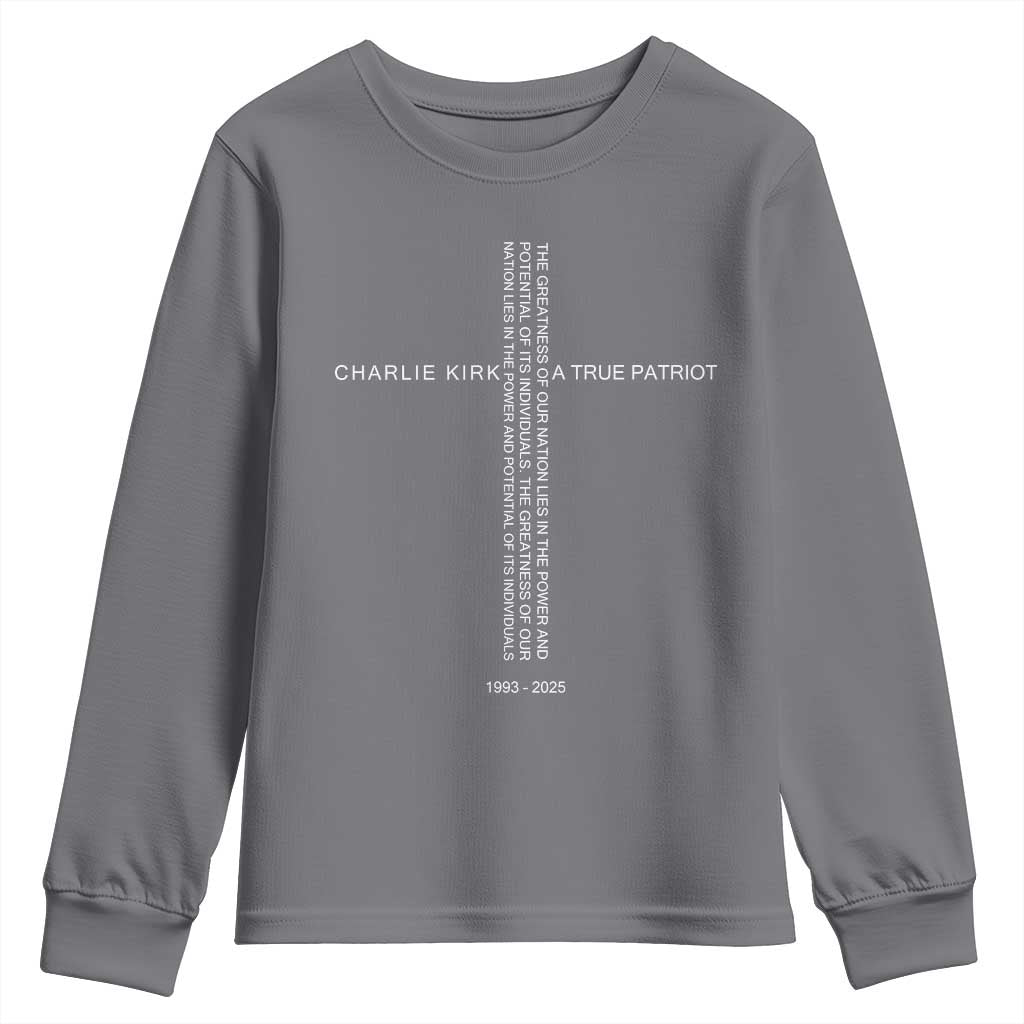 Charlie Kirk Youth Sweatshirt A True Patriot Patriotic Christian Cross - Wonder Print Shop