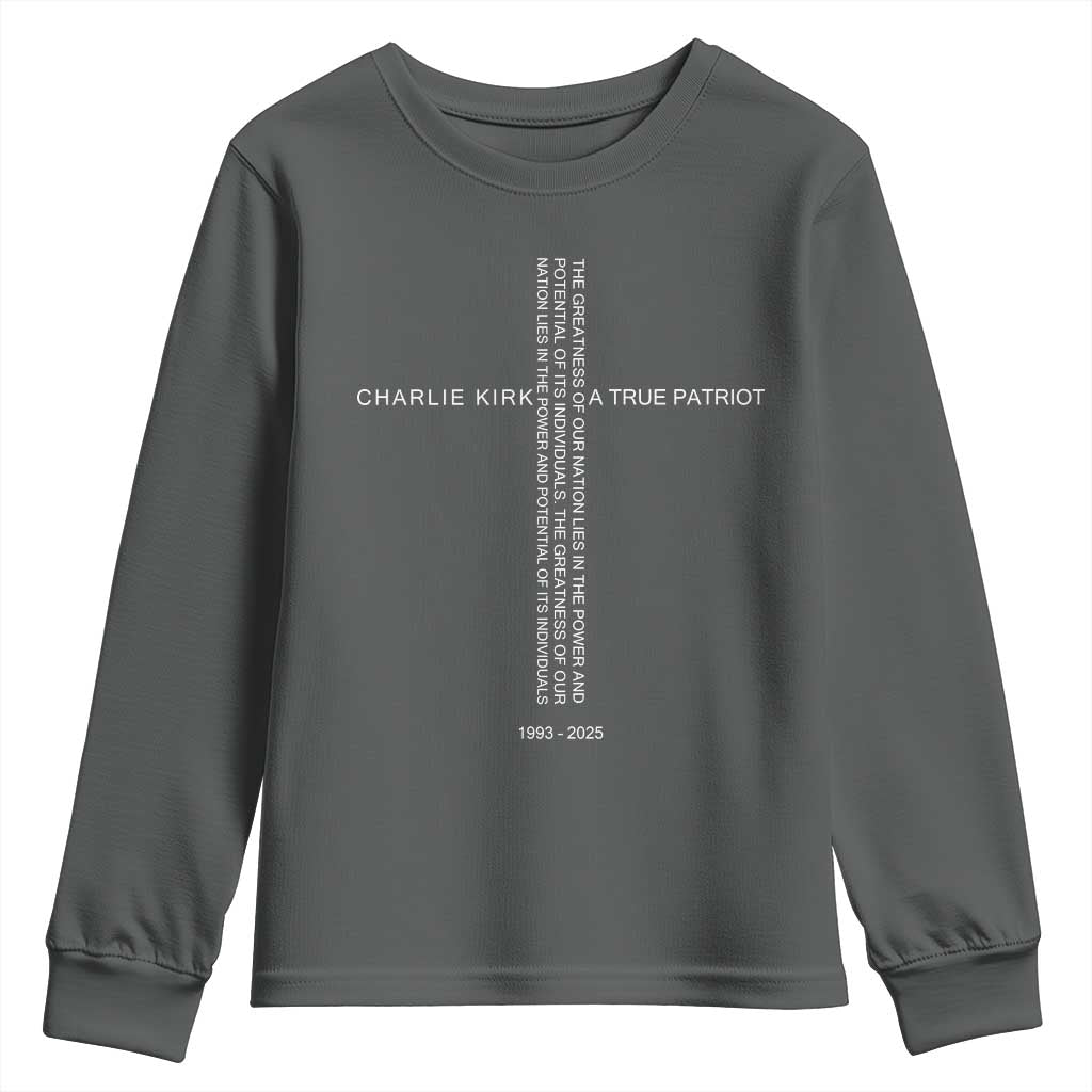 Charlie Kirk Youth Sweatshirt A True Patriot Patriotic Christian Cross - Wonder Print Shop