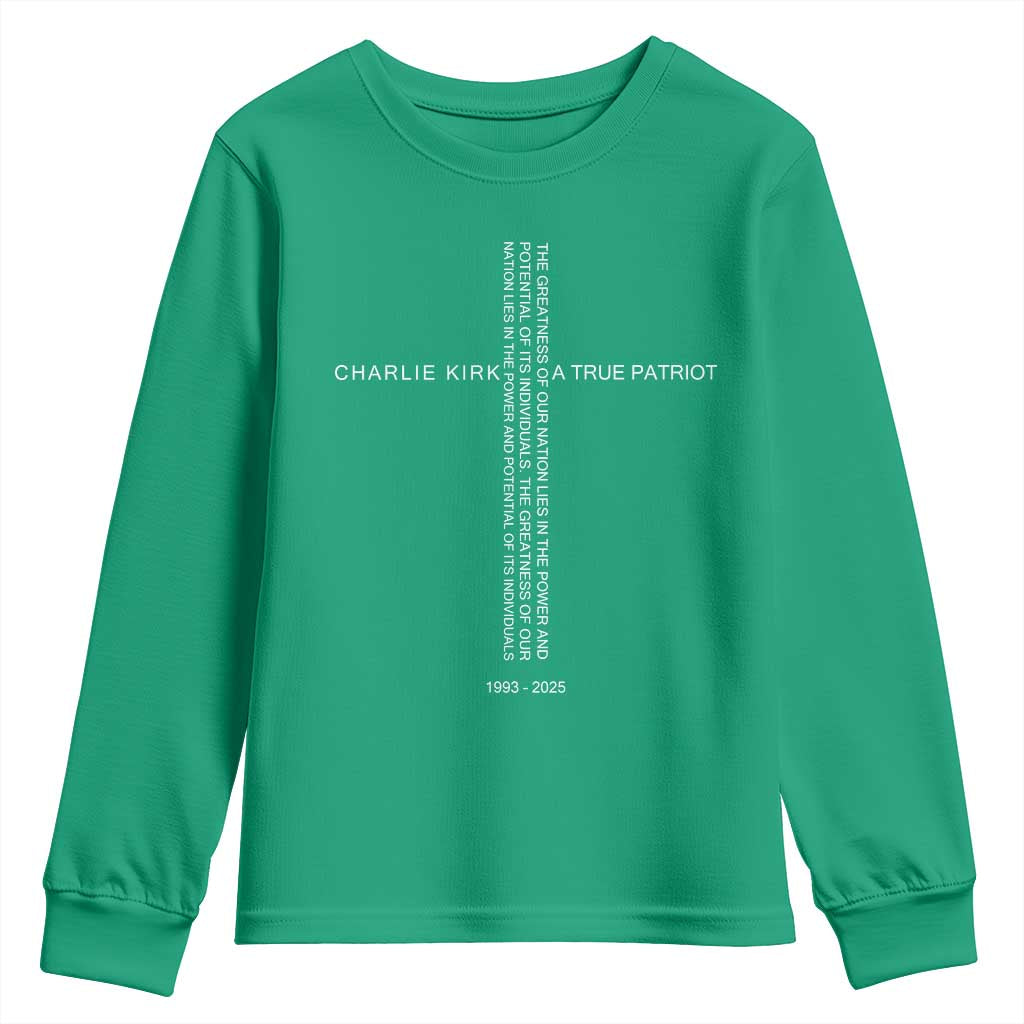 Charlie Kirk Youth Sweatshirt A True Patriot Patriotic Christian Cross - Wonder Print Shop