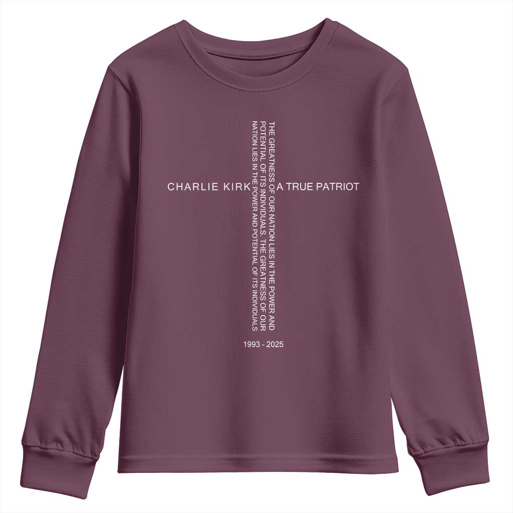 Charlie Kirk Youth Sweatshirt A True Patriot Patriotic Christian Cross - Wonder Print Shop