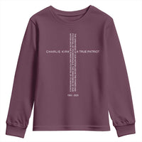 Charlie Kirk Youth Sweatshirt A True Patriot Patriotic Christian Cross - Wonder Print Shop