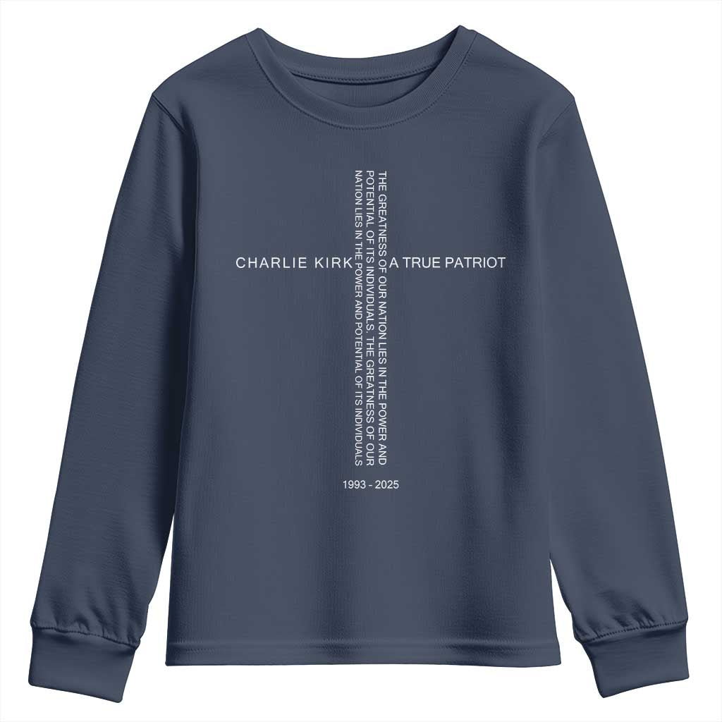 Charlie Kirk Youth Sweatshirt A True Patriot Patriotic Christian Cross - Wonder Print Shop