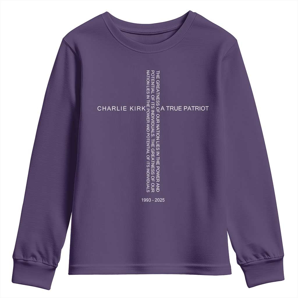 Charlie Kirk Youth Sweatshirt A True Patriot Patriotic Christian Cross - Wonder Print Shop