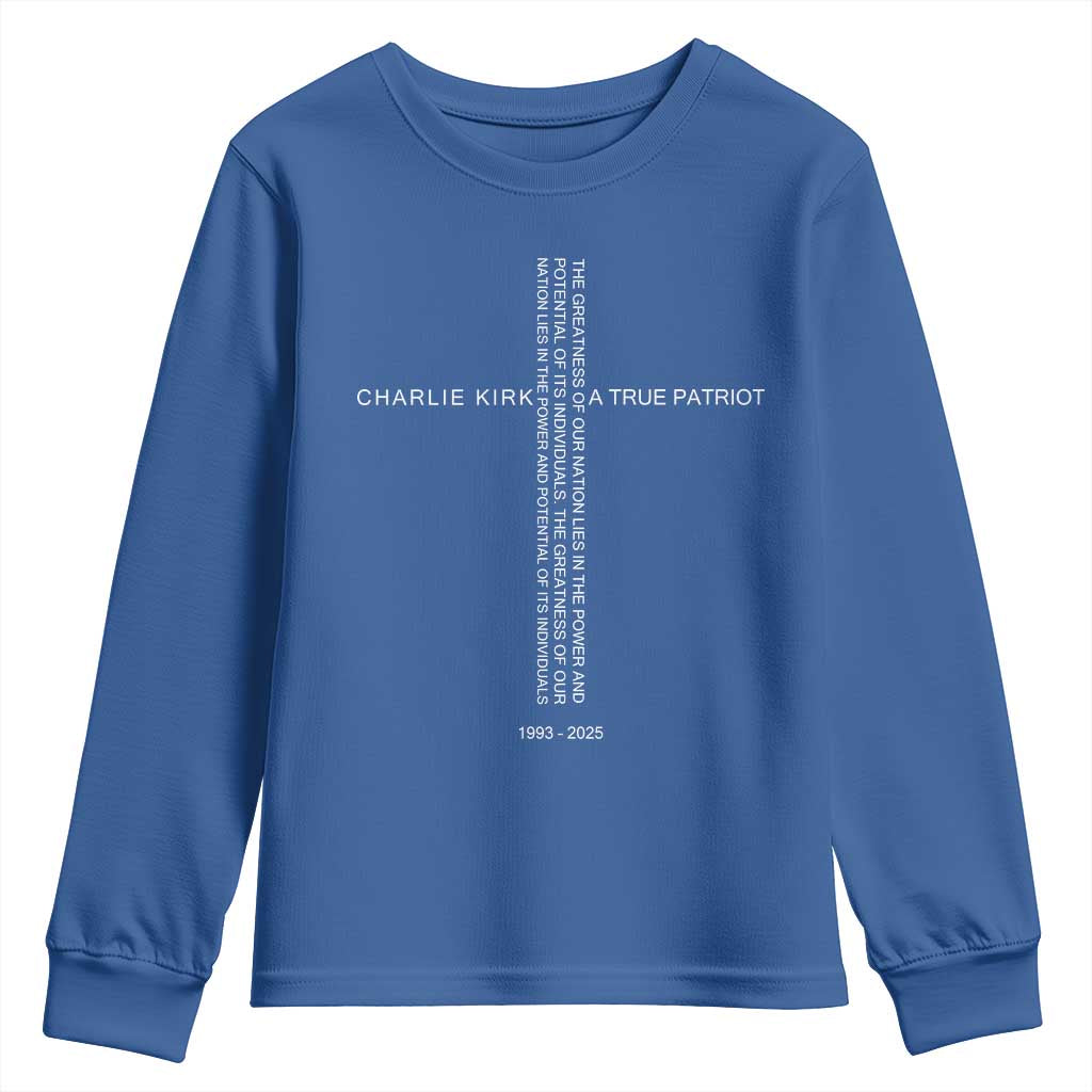 Charlie Kirk Youth Sweatshirt A True Patriot Patriotic Christian Cross - Wonder Print Shop