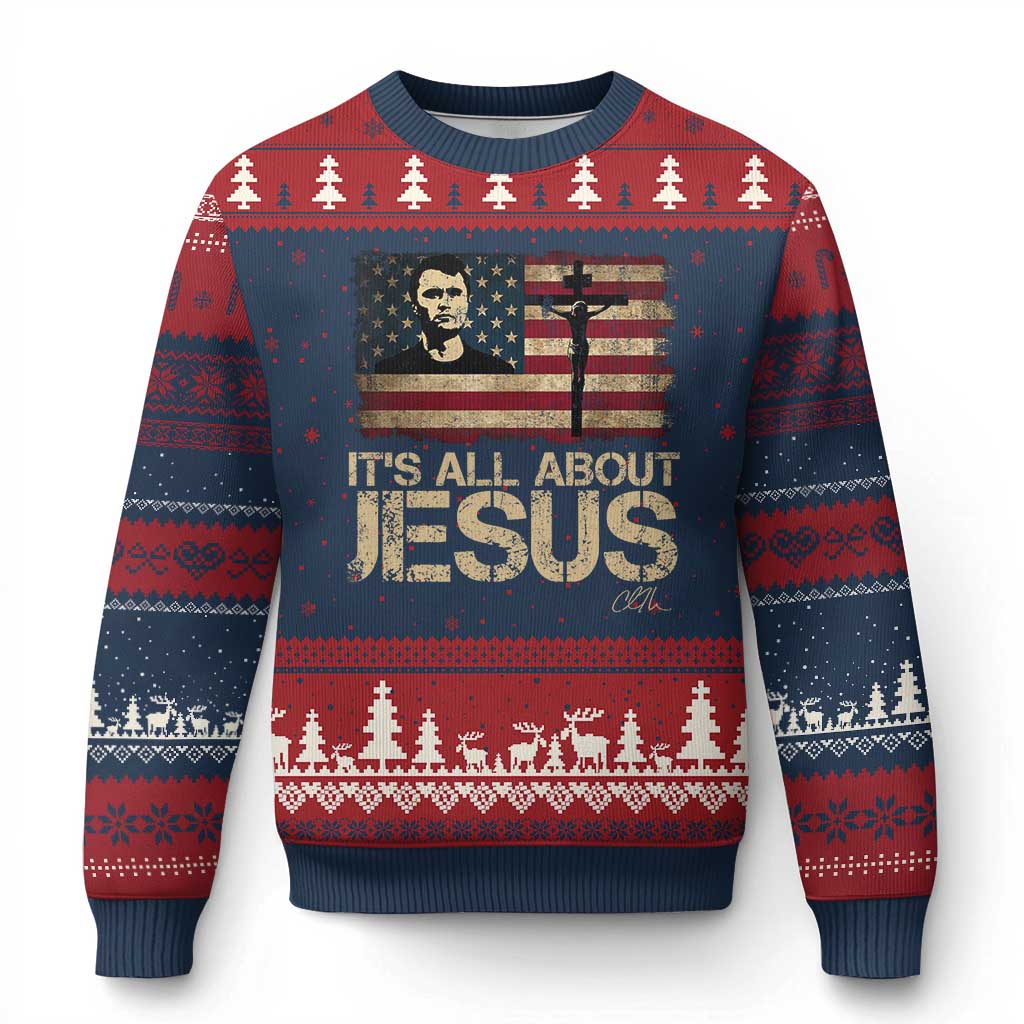 Charlie Kirk Ugly Christmas Sweater Its All About Jesus  USA Flag Patriotic Christian - Wonder Print Shop