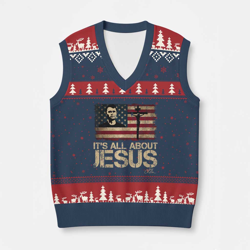 Charlie Kirk V-Neck Knit Sweater Vest Its All About Jesus  USA Flag Patriotic Christian - Wonder Print Shop